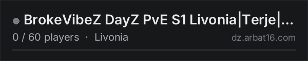 BrokeVibeZ DayZ PvE S1 Livonia|Terje|Teams|Ai City|Horror|25k S on the AR16 DayZ server list