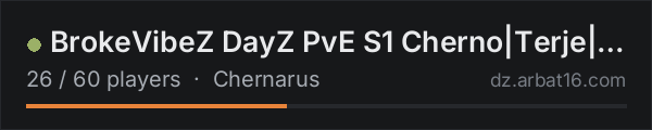 BrokeVibeZ DayZ PvE S1 Cherno|Terje|Teams|Ai City|25k Start on the AR16 DayZ server list