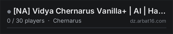 [NA] Vidya Chernarus Vanilla+ | AI | Hardcore 1PP | Quests on the AR16 DayZ server list