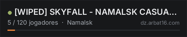 WIPED SKYFALL - NAMALSK CASUAL+ | LOOT+ | CARS+ | HIGH FPS+ na lista de servidores de DayZ da AR16