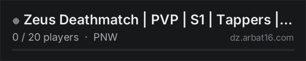 Zeus Deathmatch | PVP | S1 | Tappers | Changeable PVP Areas on the AR16 DayZ server list