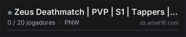 Zeus Deathmatch | PVP | S1 | Tappers | Changeable PVP Areas na lista de servidores de DayZ da AR16