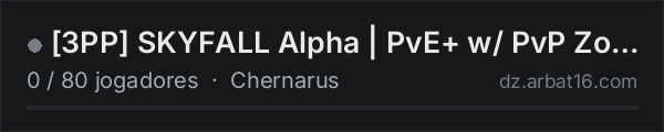 3PP SKYFALL Alpha | PvE+ w/ PvP Zones na lista de servidores de DayZ da AR16