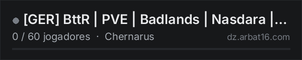 [GER] BttR | PVE | Badlands | Nasdara | NoStamina | BasicMap na lista de servidores de DayZ da AR16