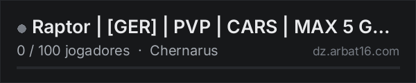 Raptor | GER | PVP | CARS | MAX 5 GROUP na lista de servidores de DayZ da AR16