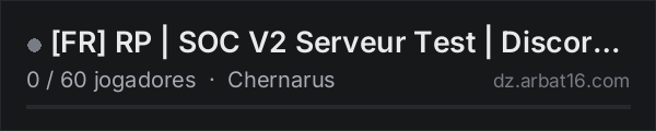 FR RP | SOC V2 Serveur Test | Discord.gg/dayzsoc na lista de servidores de DayZ da AR16