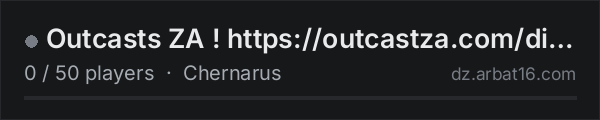 Outcasts ZA ! https://outcastza.com/discord on the AR16 DayZ server list