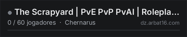 The Scrapyard | PvE PvP PvAI | Roleplay | Quests na lista de servidores de DayZ da AR16
