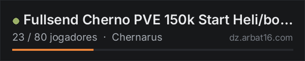 Fullsend Cherno PVE 150k Start Heli/boats Highly Immersive na lista de servidores de DayZ da AR16