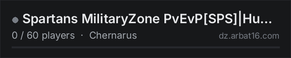 Spartans MilitaryZone PvEvP[SPS]|Hunt AI|Events|Guns+|BBP|Hard| on the AR16 DayZ server list