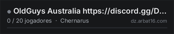 OldGuys Australia https://discord.gg/DyEUxbg na lista de servidores de DayZ da AR16