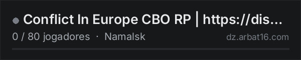 Conflict In Europe CВО RP | https://discord.gg/4ekRApbCYe na lista de servidores de DayZ da AR16