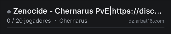 Zenocide - Chernarus PvE|https://discord.gg/zenocide na lista de servidores de DayZ da AR16