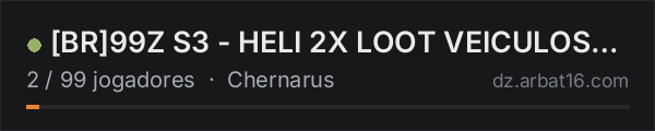 [BR]99Z S3 - HELI 2X LOOT VEICULOS STORAGE BOTS IA NORAID na lista de servidores de DayZ da AR16