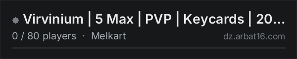 Virvinium | 5 Max | PVP | Keycards | 20MM | Trader | BBP | Melk on the AR16 DayZ server list
