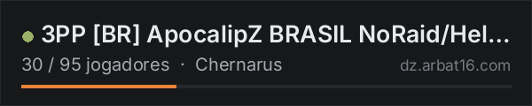 3PP [BR] ApocalipZ BRASIL NoRaid/Heli/Loot+/AirDrop na lista de servidores de DayZ da AR16