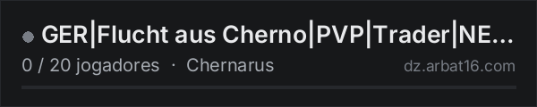 GER|Flucht aus Cherno|PVP|Trader|NEW GHILLIES|AIRDROPS|BBP|KeyC na lista de servidores de DayZ da AR16