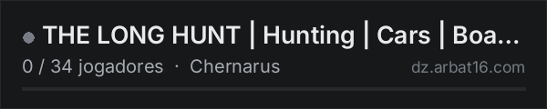 THE LONG HUNT | Hunting | Cars | Boats | Traders | Map | BB+ na lista de servidores de DayZ da AR16