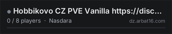 Hobbikovo CZ PVE Vanilla https://discord.gg/NpgbayAFMf on the AR16 DayZ server list