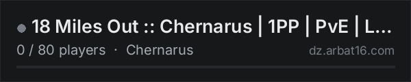 18 Miles Out :: Chernarus | 1PP | PvE | Loot+ | No Mods on the AR16 DayZ server list