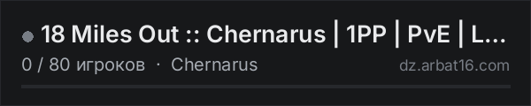 18 Miles Out :: Chernarus | 1PP | PvE | Loot+ | No Mods в списке серверов DayZ от AR16