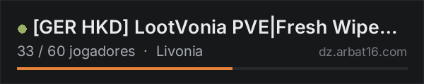 [GER HKD] LootVonia PVE|Fresh Wipe 15 OKT|Synced|Quest|Trader|E na lista de servidores de DayZ da AR16