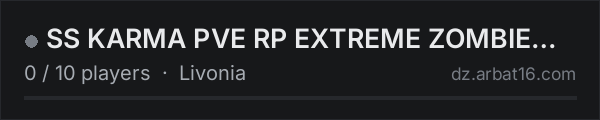 SS KARMA PVE RP EXTREME ZOMBIE HARDCORE SURVIVAL [AI,TRADER] on the AR16 DayZ server list