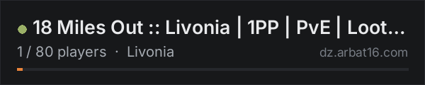 18 Miles Out :: Livonia | 1PP | PvE | Loot+ | No Mods on the AR16 DayZ server list