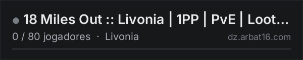 18 Miles Out :: Livonia | 1PP | PvE | Loot+ | No Mods na lista de servidores de DayZ da AR16
