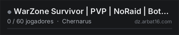 WarZone Survivor | PVP | NoRaid | Bots | Airdrop | FreshWipe na lista de servidores de DayZ da AR16