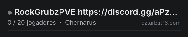 RockGrubzPVE https://discord.gg/aPzdHkeVc na lista de servidores de DayZ da AR16