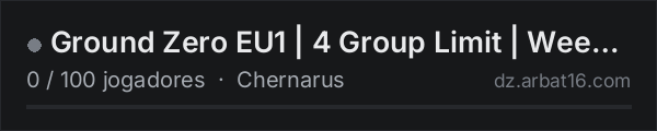 Ground Zero EU1 | 4 Group Limit | Weekend Raiding | High FPS na lista de servidores de DayZ da AR16