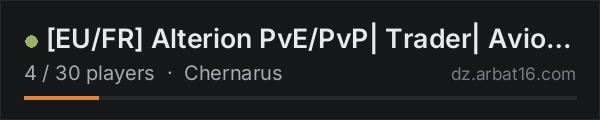 [EU/FR] Alterion PvE/PvP| Trader| Avions| Mapping| Quêtes| MAX on the AR16 DayZ server list
