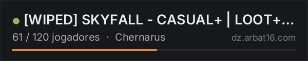 [WIPED] SKYFALL - CASUAL+ | LOOT+ | CARS+ | HIGH FPS+ na lista de servidores de DayZ da AR16