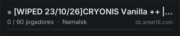 [WIPED 23/10/26]CRYONIS Vanilla ++ | [EU] Namalsk 1PP | PvP na lista de servidores de DayZ da AR16