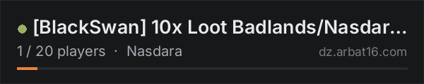 [BlackSwan] 10x Loot Badlands/Nasdara - Weapons+++ Vehicles++ B on the AR16 DayZ server list