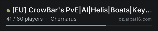 EU CrowBar's PvE|AI|Helis|Boats|Keycards|Airdrop|WIPED on the AR16 DayZ server list
