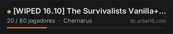 WIPED 16.10 The Survivalists Vanilla+ | Loot/Stamina+ na lista de servidores de DayZ da AR16