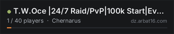 T.W.Oce |24/7 Raid/PvP|100k Start|Events|Bunker/OilRigs|Helis on the AR16 DayZ server list